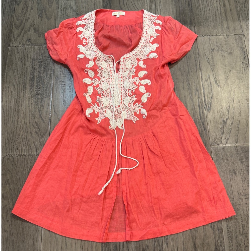 VTG Chilli Pepper London Coral Dress‎ Women's Small Embroidered Cotton Boho